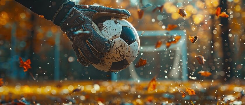 A goal keeper hand catches football with a big blurry backdrop and space for text or sports type product advertisement with daylight view, Generative AI.