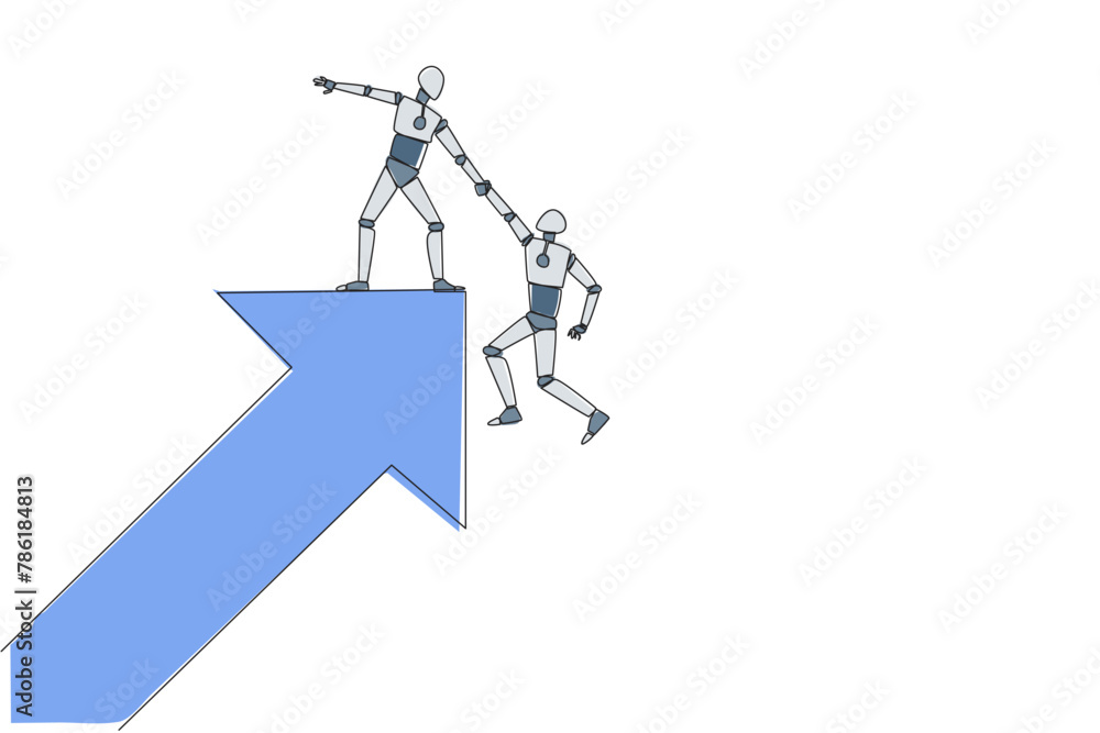 Poster single one line drawing robot helps colleague climb the big rising arrow symbol. compact teamwork. p