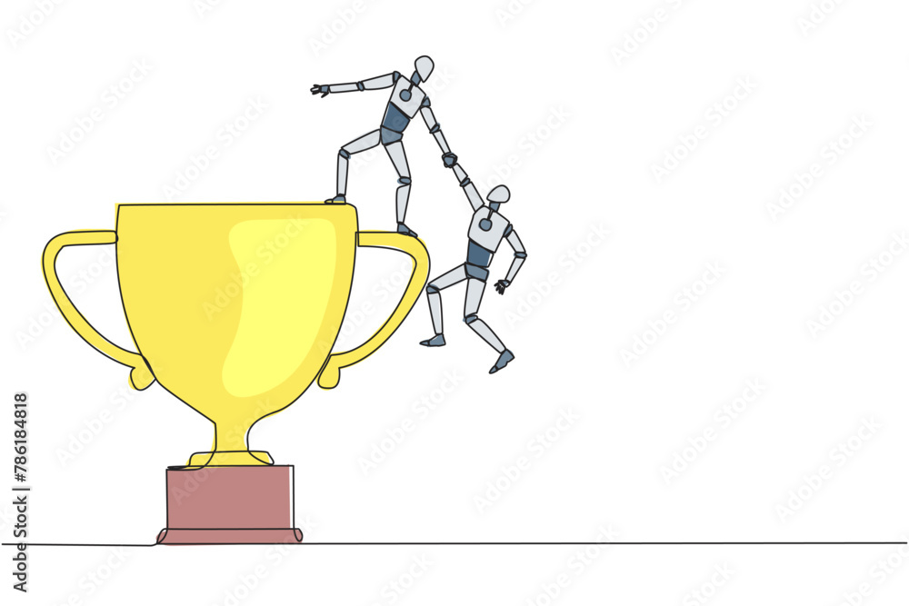 Aufkleber single one line drawing smart robotic helps colleague climb the big trophy. achievement that cannot 