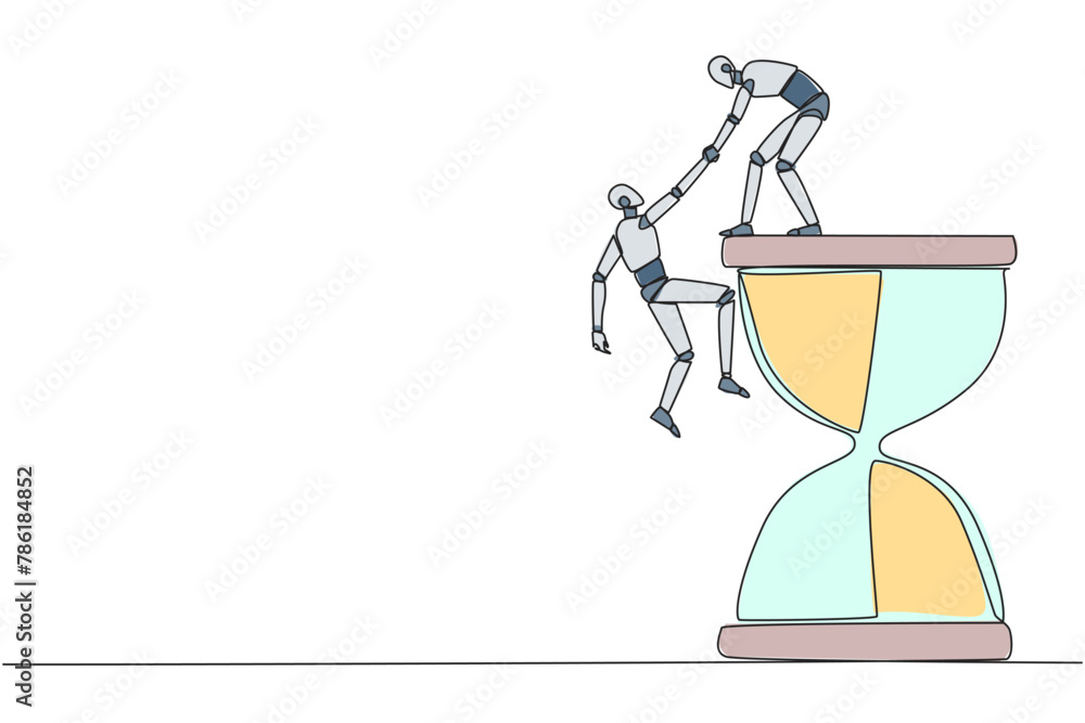 Aufkleber single continuous line drawing smart robotic helps colleague climb the big hourglass. have many assi
