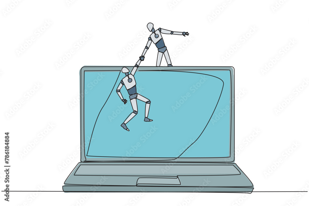 Poster single continuous line drawing smart robot helps colleague to climb a big laptop computer. help crea