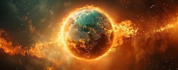 Melting Earth with Flames and Smoke Depicting the Severe Consequences of Climate Change - obrazy, fototapety, plakaty