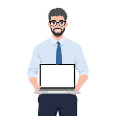 Young business man showing a blank laptop for copy space. Flat vector illustration isolated on white background
