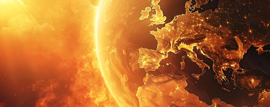 A dramatic fiery globe depicting extreme heat impacts and environmental crisis across Europe