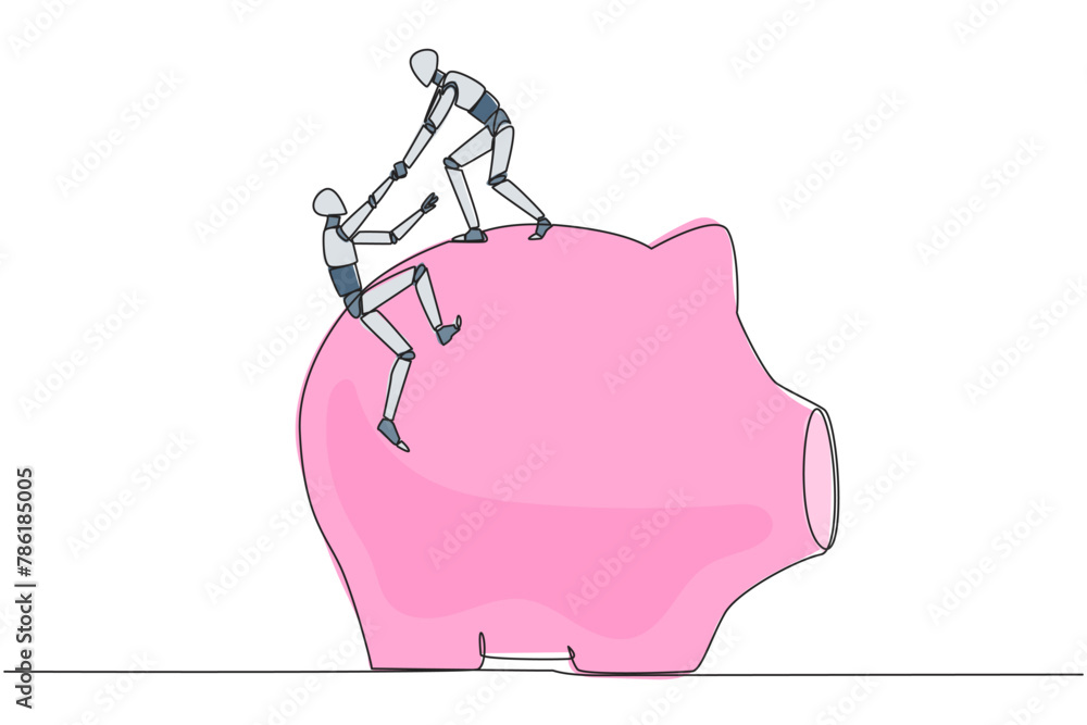 Poster continuous one line drawing robot helps colleague climb the big piggy bank. remind each other in kin