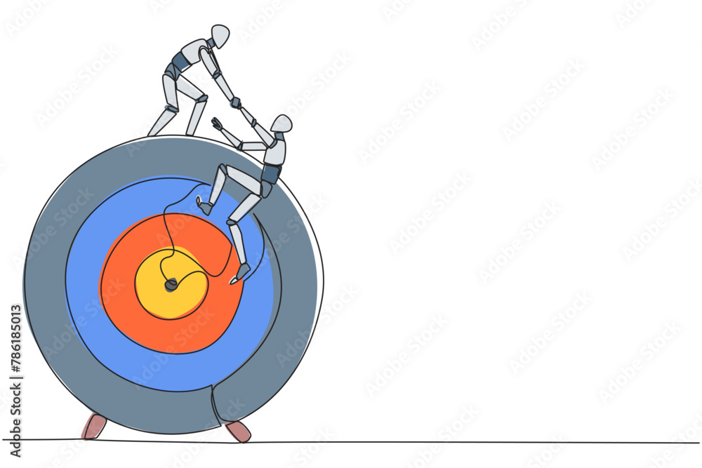 Poster continuous one line drawing smart robotic helps colleague climb the big arrow board target. metaphor