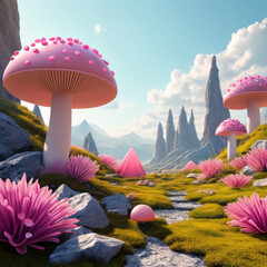 3d render of fantasy landscape with mushrooms and path in the meadow - obrazy, fototapety, plakaty