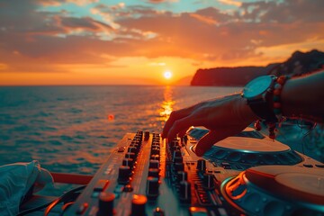 A close shot of a hand playing song on DJ mixer near sea with a beautiful sea view in a open space with space for text or product - obrazy, fototapety, plakaty