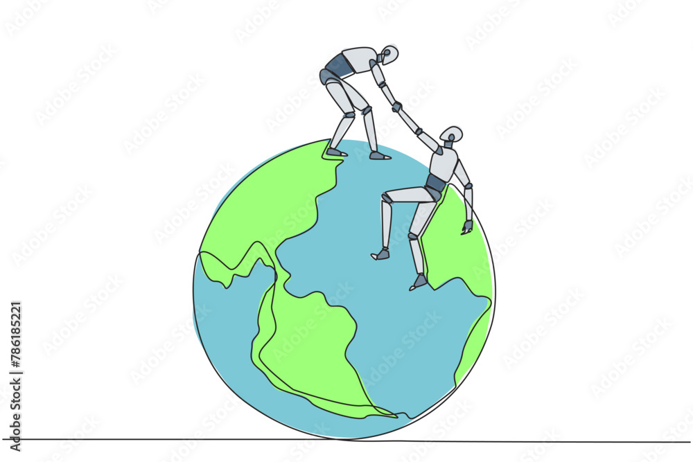 Aufkleber single continuous line drawing smart robotic helps colleague climb the big globe. metaphor of reachi