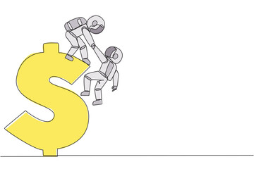 Single continuous line drawing young astronaut helps colleague climb big dollar symbol. Desire to develop business together. Super great teamwork. Cohesiveness. One line design vector illustration