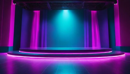 Wallpaper spotlight illuminated the stage for opera performance. Stage lighting. Empty stage with bright colors backdrop decoration. Entertainment show. - obrazy, fototapety, plakaty