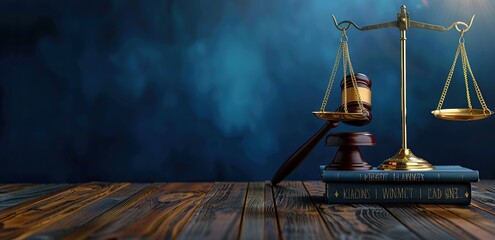 Concept for law firm business with copy space. Scales of justice on wooden table in dark blue background. - obrazy, fototapety, plakaty
