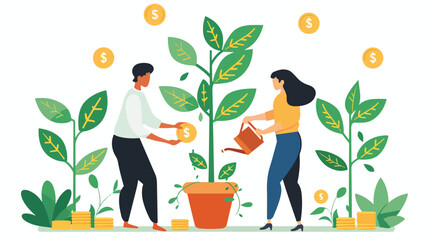 People growing money tree as investment concept
