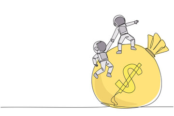 Single continuous line drawing astronaut helps colleague to climb big money bag. Collaborate to gain mutual benefit. Stronger together. Great teamwork. Cohesive. One line design vector illustration