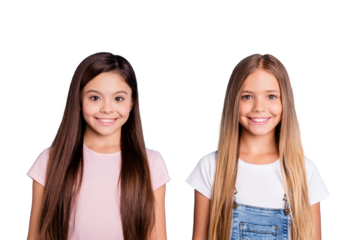 Close-up portrait of two people nice-looking sweet tender attractive beautiful cheerful straight-haired girls siblings isolated over blue pastel background