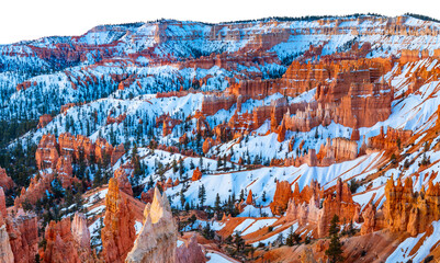 Bryce Canyon National Park in Utah (USA). Giant natural amphitheater panorama at sunrise on a cold...