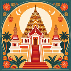 Obraz premium Thai temple in retro style with palm trees. Vector illustration.