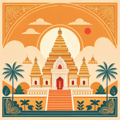 Thai temple in retro style with palm trees. Vector illustration.