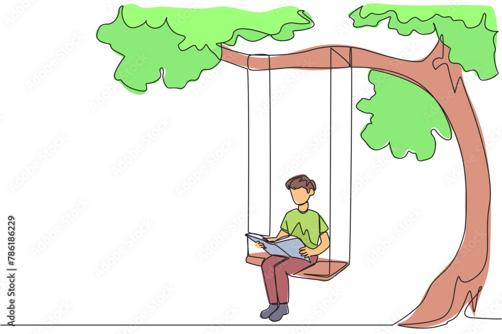 Poster continuous one line drawing man sitting on a swing under a shady tree reading a book. high enthusias