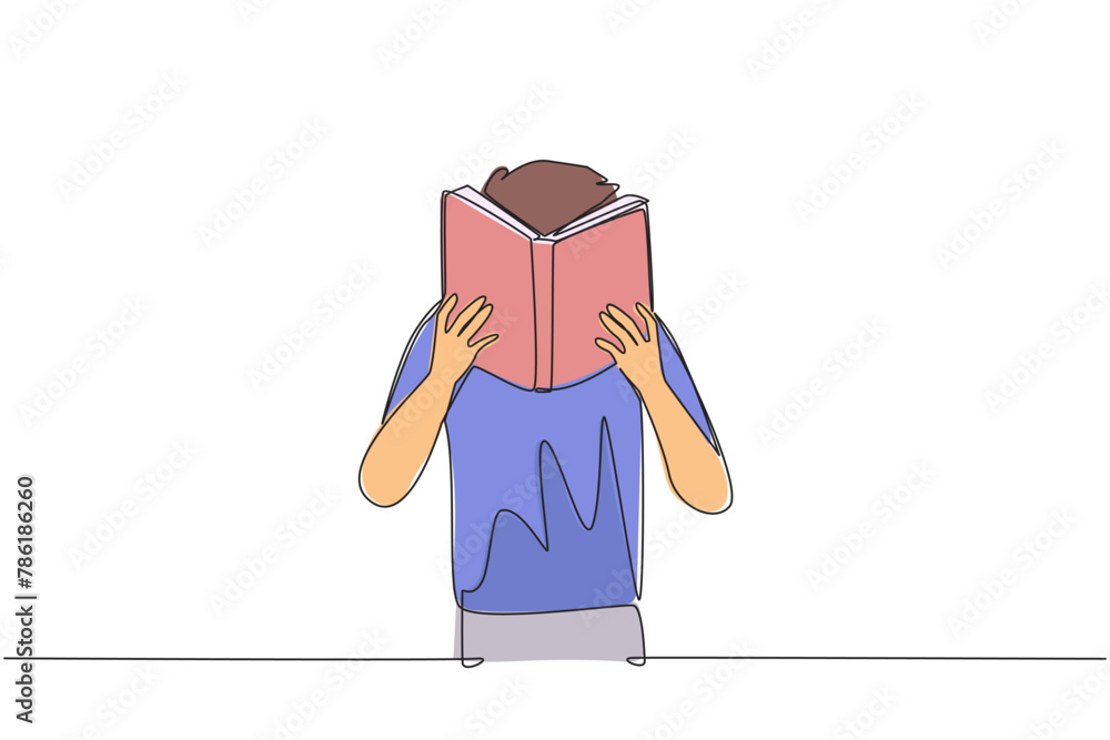 Poster continuous one line drawing man seriously reading a book until cover the face. nervous when facing t