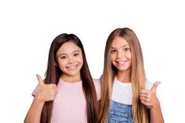 Close-up portrait of two people nice-looking cute lovely sweet attractive beautiful cheerful straight-haired girls siblings showing thumbup isolated over blue pastel background