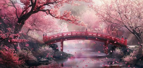 A bridge adorned with blooming cherry blossoms, painting the scene with delicate pink petals.