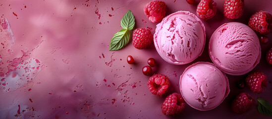 Raspberry ice cream dessert, gelato, sorbet. Sweet food. Pink icecream with berries. Top view, pink background.
- 786186422