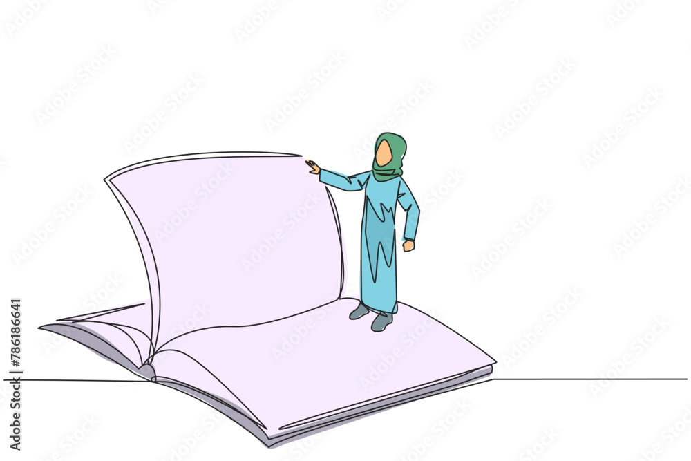 Poster continuous one line drawing arab woman standing over open ledger turning page. read slowly to unders