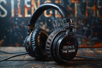 Striking close-up of premium noise-cancelling headphones inscribed with 'Silence the Noise', poised on a textured surface, encapsulated by a warm, ambient glow. - obrazy, fototapety, plakaty