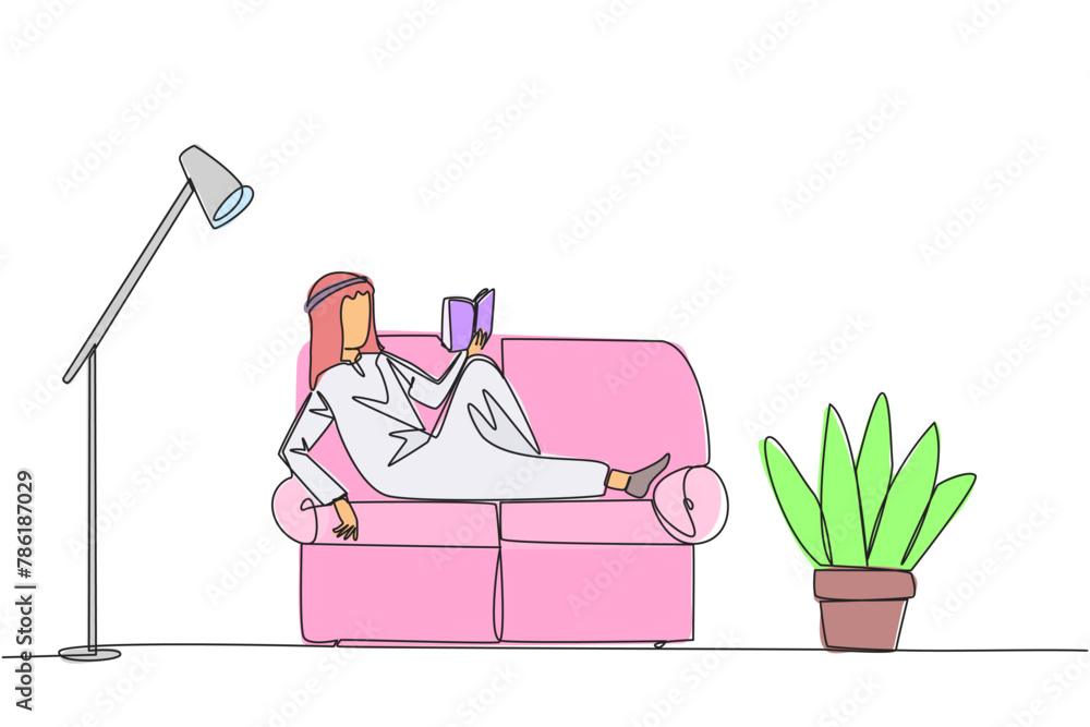 Aufkleber single continuous line drawing arabian man sitting stretched out on sofa reading book. really like c