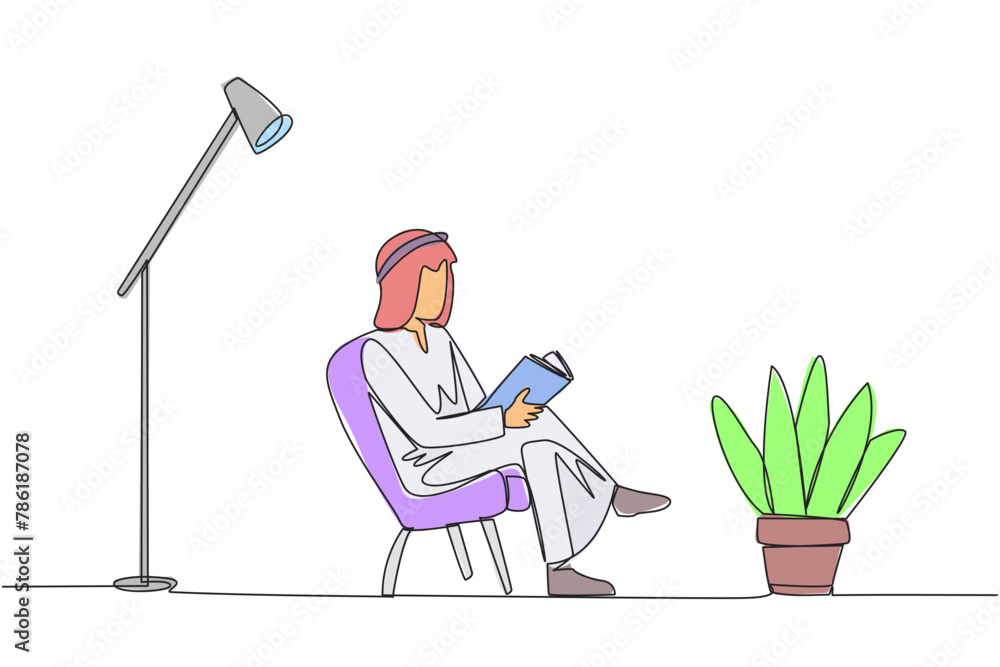 Poster continuous one line drawing arabian man sitting reading in room with reading lamp. spending holidays