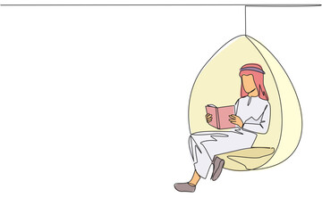 Single continuous line drawing Arab man sitting relaxed in hanging chair reading a book. Spending the weekend reading the favorite fiction story book. Love reading. One line design vector illustration