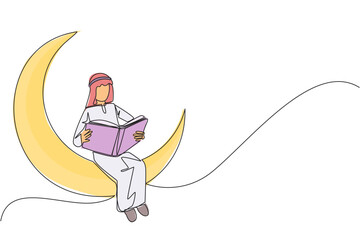 Single one line drawing Arab man sitting on crescent moon reading a book. Metaphor of reading a fairy story before sleeping. Read until late. Love reading. Continuous line design graphic illustration