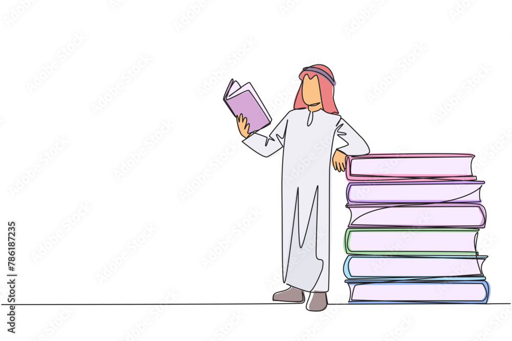 Aufkleber single one line drawing arabian man standing reading a book while leaning against a pile of large bo