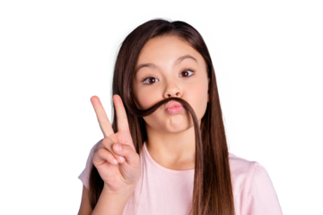 Close-up portrait of her she nice cute lovely funny attractive cheerful cheery straight-haired brunette girl showing v-sign pouted lips curls isolated over blue pastel background