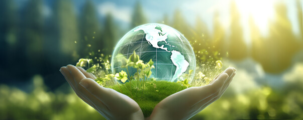 hands holding green earth, Hand holding glass globe ball with flower and green nature blur background