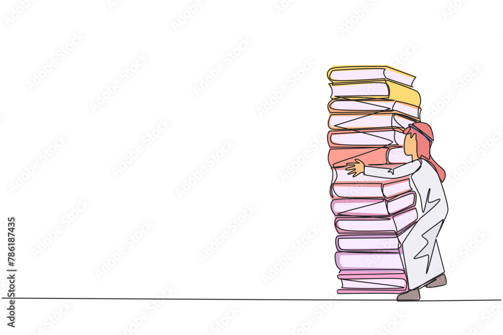 Poster single continuous line drawing arab man hugging a very high pile of books. hobby to collecting and r