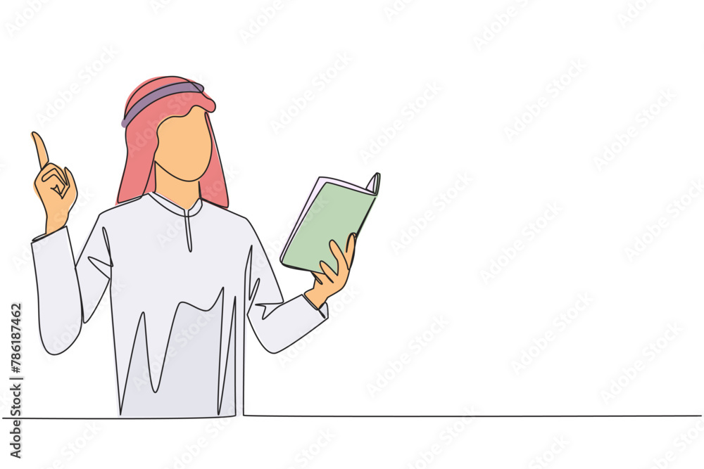 Poster continuous one line drawing arab man standing reading book. gesture gets idea. book can see from dif