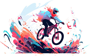 Cyclist on a mountain bike with colorful, abstract background. Flat vector illustration.