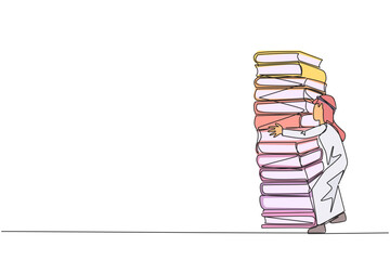 Single continuous line drawing Arab man hugging a very high pile of books. Hobby to collecting and reading books. Filling free time with useful things. Loving read. One line design vector illustration