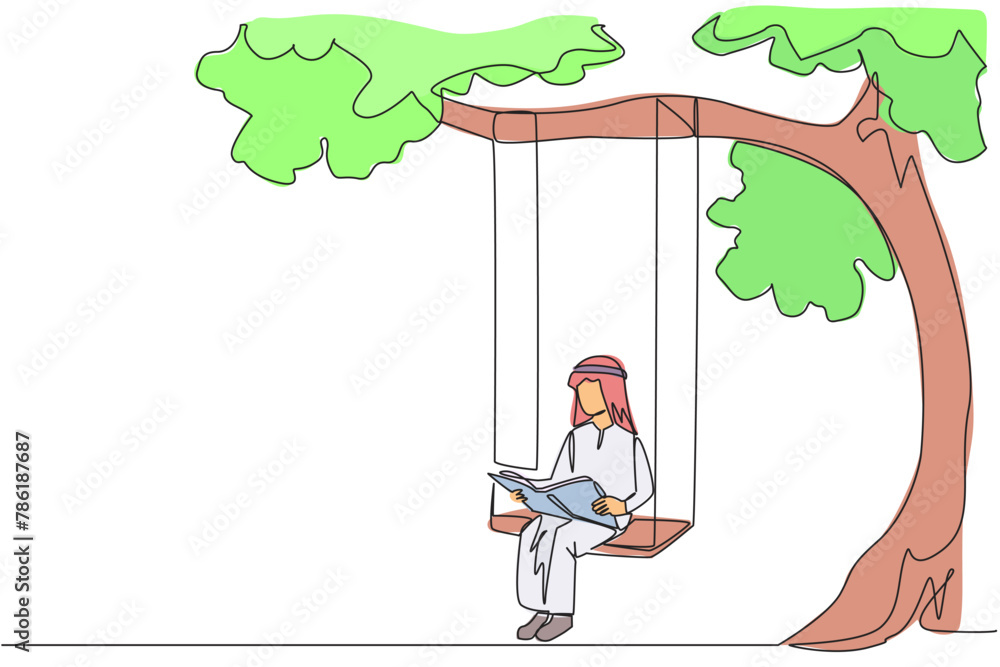 Poster continuous one line drawing arab man sitting on swing under shady tree reading book. high enthusiasm