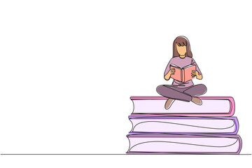 Single continuous line drawing woman sitting cross-legged on pile of large books. Read comic. Reading textbook. Read scientific journal. Reading increase insight. One line design vector illustration