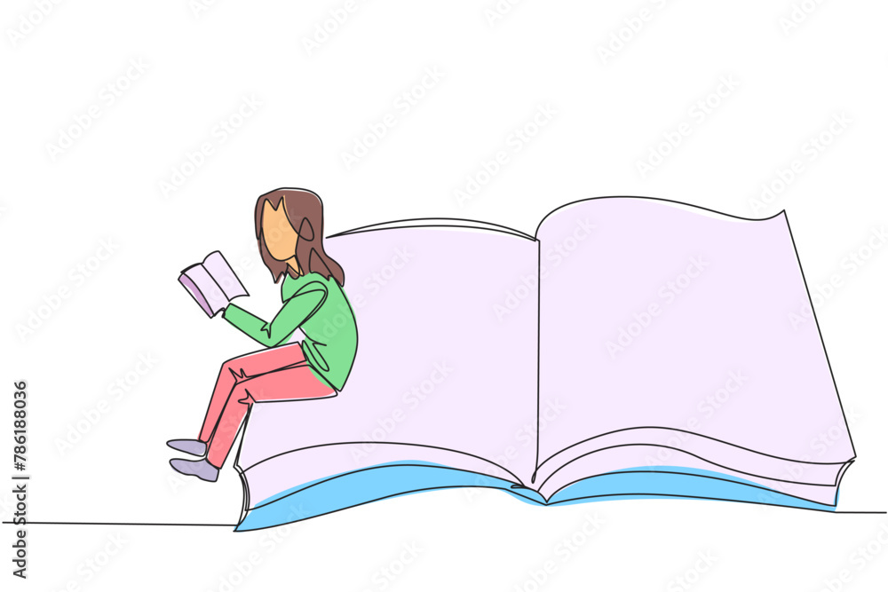 Poster single continuous line drawing serious woman sitting on the edge of a large open book. study before 