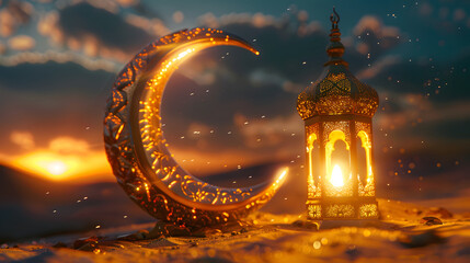 lantern with a lit candle sits on table, Eid mubarak background, islamic, religion