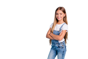 Portrait of her she nice-looking cute lovely attractive cheerful cheery straight-haired blonde girl folded arms copy space isolated on blue pastel background