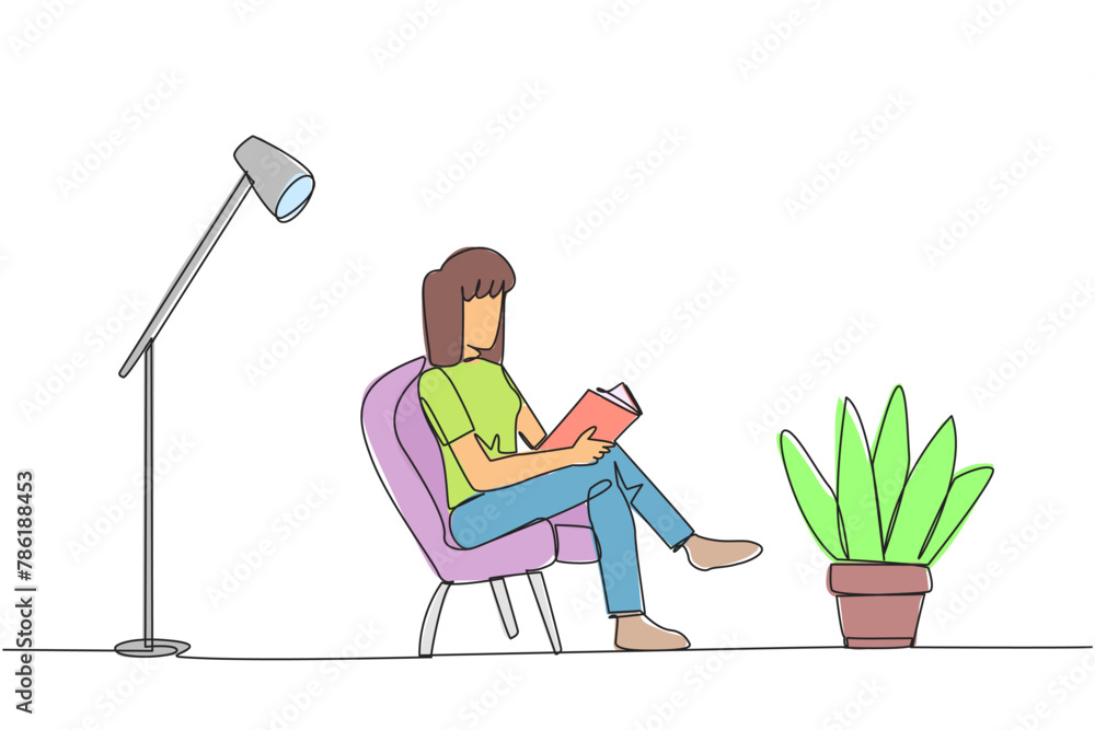 Poster continuous one line drawing smart woman sitting reading in a room with reading lamp. spending holida