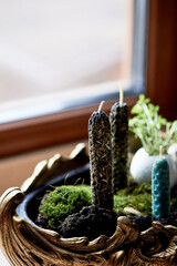 A green bowl filled with candles and moss sits on a wooden window sill, surrounded by terrestrial plants and grass. A twig and rope add to the natural houseplant landscape - 786188432