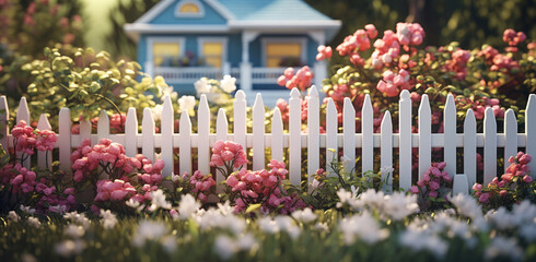 Fototapeta na wymiar Dreamy Suburban House with Blooming Shrubs
