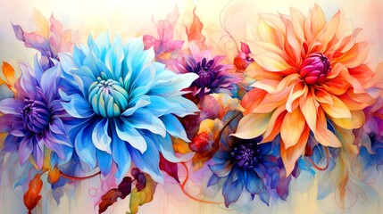 Vibrant and colorful flowers in various stages of bloom with a soft, pastel background - obrazy, fototapety, plakaty