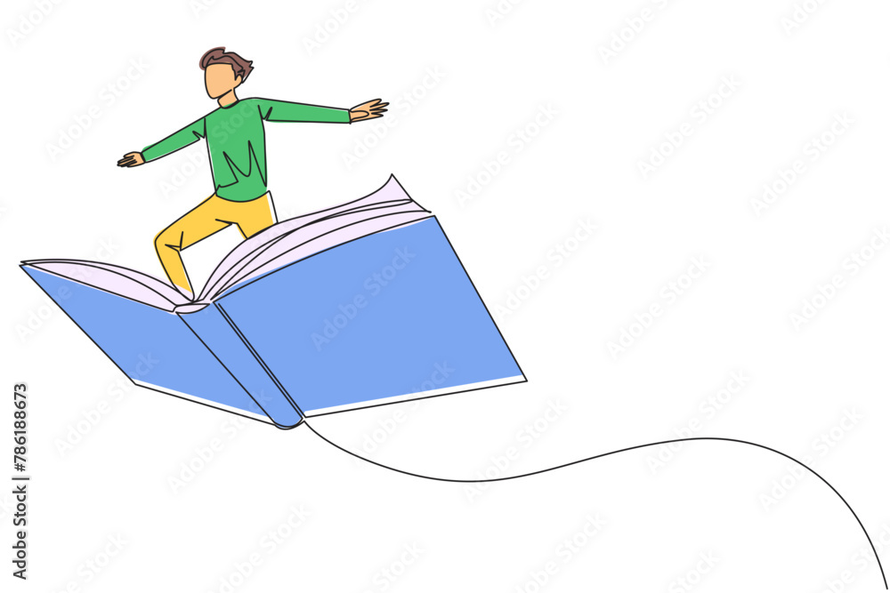 Poster single continuous line drawing man standing on a large flying open book. like riding a cloud, able t